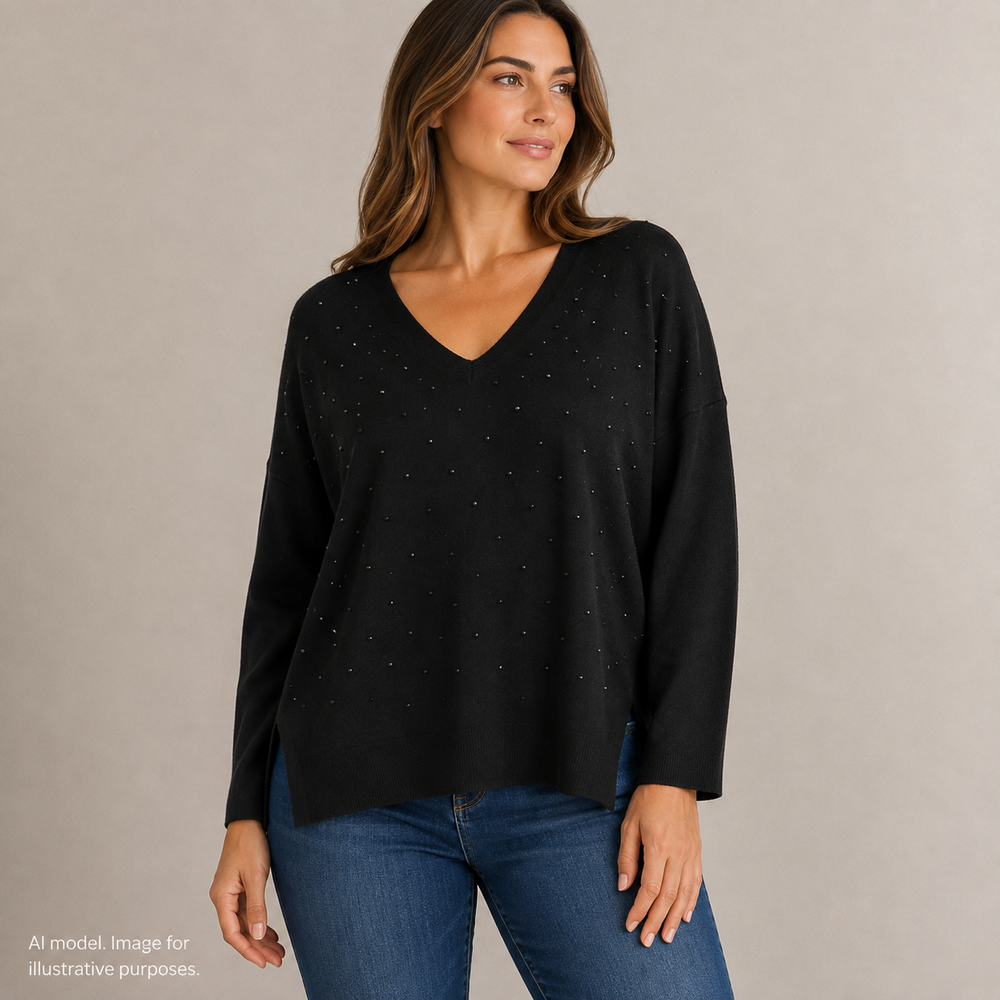 Akris Punto Sweater Womens US 10 Large Black Beaded V Neck Lightweight Pullover